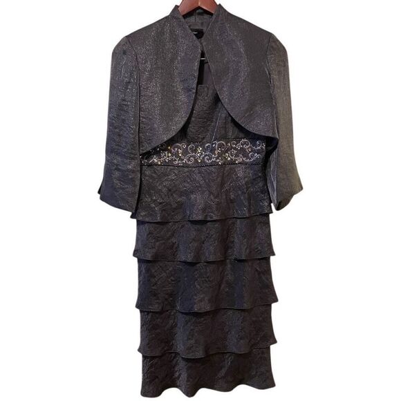 Vtg 90s Holographic Crepe Tiered Mini Dress 6 Gunmetal Shimmer Hoco Bolero Jacke - Picture 1 of 10